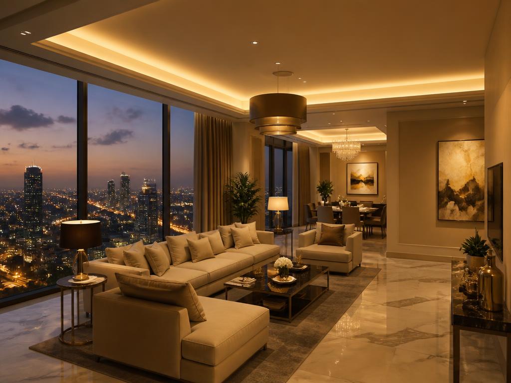 Modern luxury apartment interior with city view