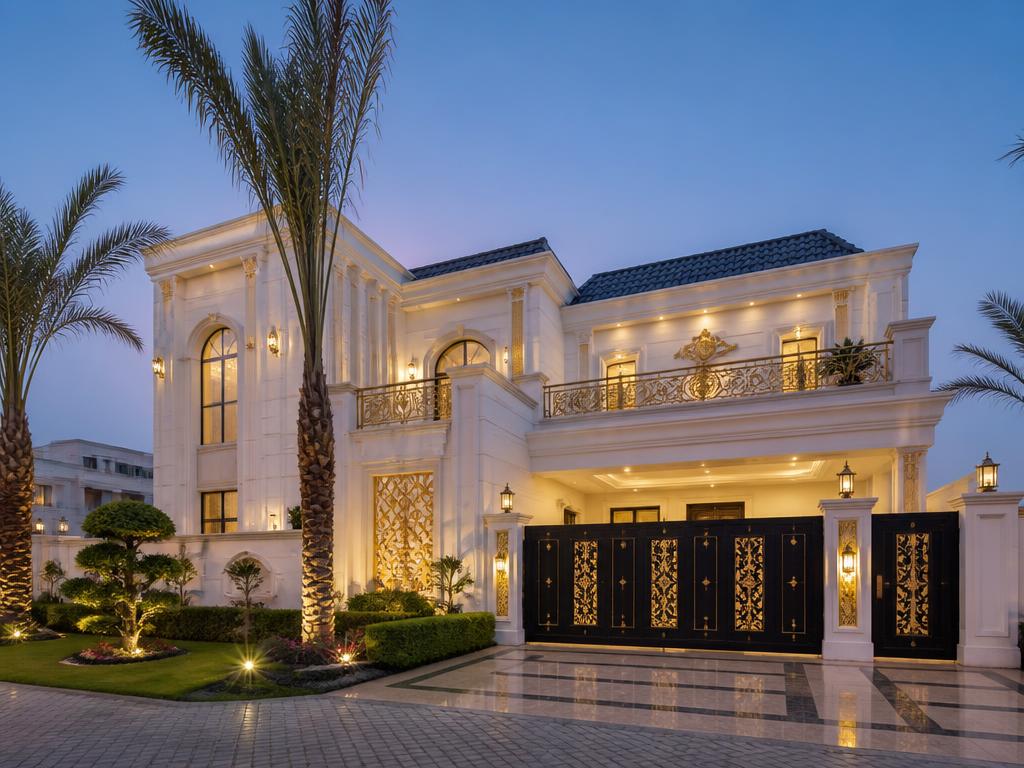 Elegant contemporary villa exterior with landscaped garden